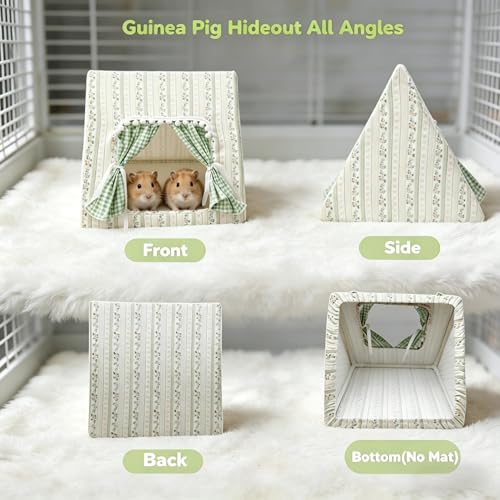 Guinea Pig Bunny Hideout with Cute Curtain,Small Animal Hideout for Rabbit Hamsters Squirrel Ferrets Chinchilla and Rats,Machine Washable Guinea Pig Hide Tent Houses(Large,No Mat)