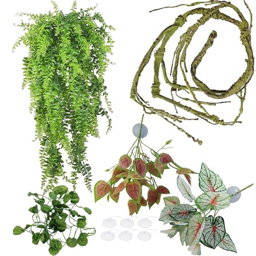 Reptile Plants for Bearded Dragon Tank Accessories, Terrarium Plant Artificial Decor for Snake Cage, Fake Plant for Leopard Gecko Habitat, Lizard Chameleon Ball Pythons (Group BP) - color: Group Bp