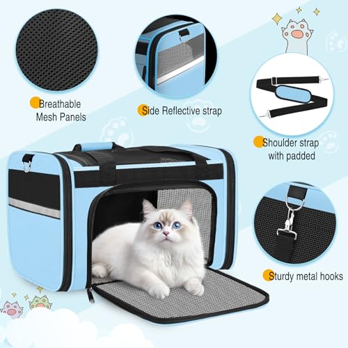 HUANLANG Large Cat Carrier Travel Soft Sided Pet Carrier Airline Approved | Dog Carriers for Small Dogs Medium Cats,Collapsible,3 Storage,zipper lock,Reflective strips,Luggage Strap, Up to 15 Lbs - color: Light Blue