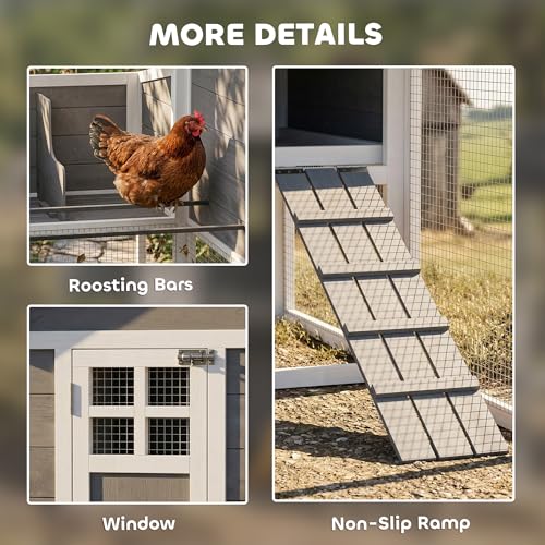 PawHut 82" Wooden Chicken Coop for 2-3 Hens with Nesting Box Gray | Large Outdoor Hen House Poultry Hutch, Pull-on Tray, Waterproof Roof, Ramp, Roosting Bars, Backyard Use