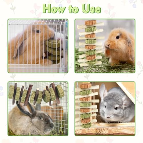 Hamiledyi 4PCS Bunny Chew Toys Rabbit Hanging Toys for Teeth Grinding Natural Apple Wood Sweet Bamboo Sticks Timothy Grass&Carrot Cake for Chewing/Improving Rodent Animals Dental Health - style: Style B