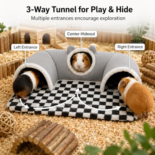Large Guinea Pig Hideout Tunnel with Removable Warm Bed, 3-Cave Small Animal Hideaway Play Tunnel, Cozy Cage Accessories for Hamsters, Chinchillas, Rats