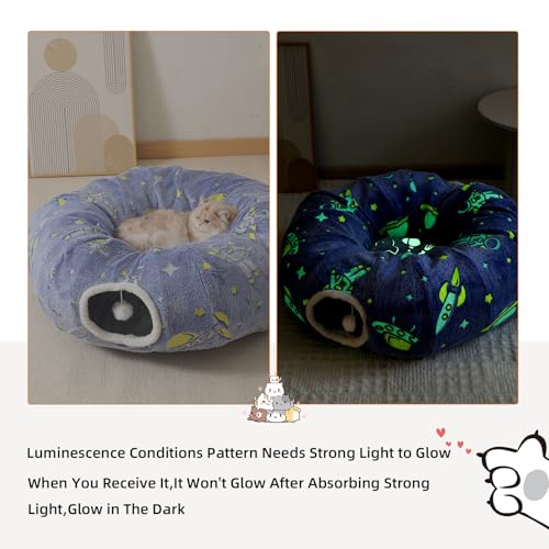 Under Christmas Tree Large Cat Tunnels Bed Tube for Indoor Cats Glows in The Dark Cat Tunnel with Cushion and Plush Ball Toy Toys for Dog Puppy Kitten Rabbit Bunnies Ferret Pet Blue - color: Blue Bed