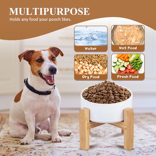 Ceramic Elevated Raised Cat Bowl with Wood Stand No Spill Pet Food Water Feeder Cats Small Dogs - color: White, size: Medium Dog Bowls 850ML*1