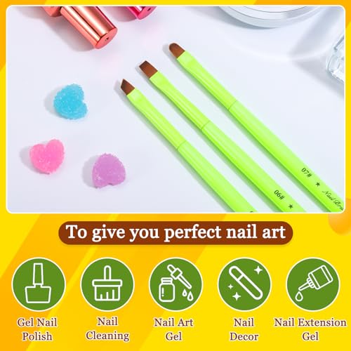 3Pcs Nail Clean Up Brushes, Nail Brushes for Cleaning Polish Mistakes | Clean Up Brushes with Flat, Angled and Round Tips for Polish Mistakes, Cuticle Edges, Gel Cleanup and Nail Art Manicures - color: Fluorescent Green