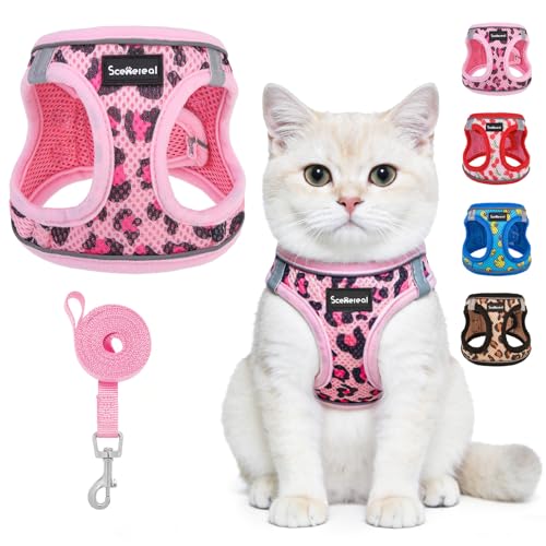 SCENEREAL Cat Harness & Leash Set Escape Proof - Adjustable Air Mesh Vest with Reflective Strips for Kittens, Puppies, Rabbits, Pink Leopard S - color: Pink Leopard, size: Small(Fit Chest 11.3-12.5in)