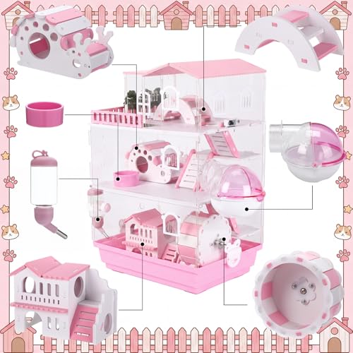 Eccliy 15 in 1 Clear 3-Layer Acrylic Hamster Cage with All Accessories, 20 x 13.7 x 10 Inch Dwarf Hamster House, Magnetic Connection Small Pet Enclosure, Garden Style Mouse Cage for Pet Mice - color: Pink