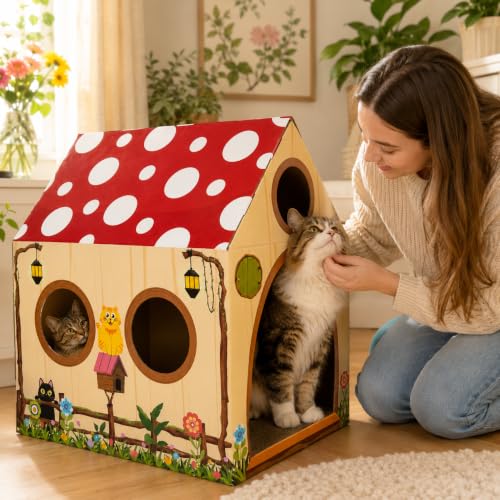 Cinrobiye Cardboard Cat House with Scratcher, Indoor Cat Condo Cat Cave Hideout with Scratch Pad, Cardboard Cat Playhouse Bed for Cats, Kittens, Rabbits & Small Pets (Mushroom) - color: Mushroom