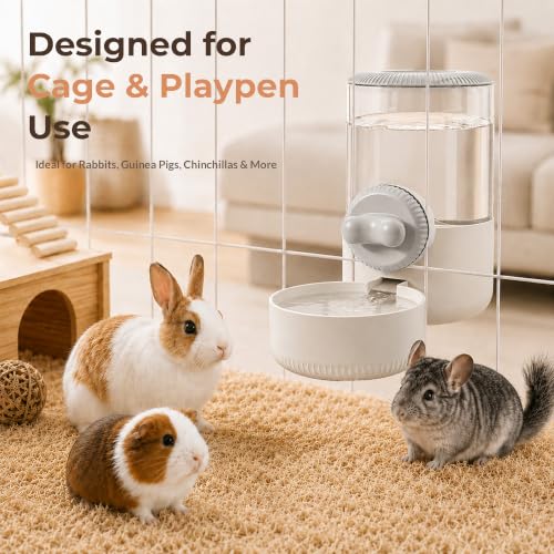 34 oz Hanging Water Dispenser for Small Animals, Guinea Pigs & Rabbits | Secure Mount | Adjustable Height | One-Way Flow | Outside Refill | Easy Cleaning - color: Gray