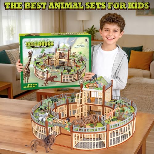 Complete 248PCS Animal Playground Set with 14 Realistic Wild Animals – Build Your Own Animal Park, Interactive Playset with Openable Fences & Battle Station, for Boys Girls Kids Toddlers 3-8 (Brown) - color: Brown