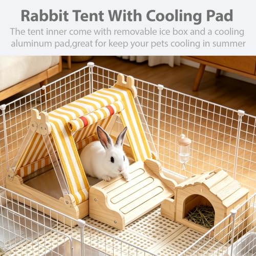 Wooden Rabbit Bed Cooling Guinea pig Bed with Aluminum Pad(Yellow) | Guinea Pig Hideout with Ice box Bunny Bed Four Season Guinea Pig Hide Tent Solid Wood Chinchilla Cooling House for Hedgehog - color: Yellow
