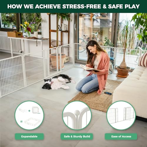 FXW Homeplus Indoor Dog Playpen, 32" H, 8 Panels, for Small & Medium Dogs | Stress-free play, Heavy-duty, Semi-open design, Easy setup, Threshold-free gate, Expandable, Patented - color: White, size: 32"H