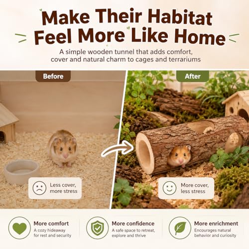 Toddmomy Wooden Hamster Hideout Tunnel for Small Animals 5.90X2.36X2.36In Rat and Guinea Pig Shelter Tube Habitat Safe Play and Rest Space