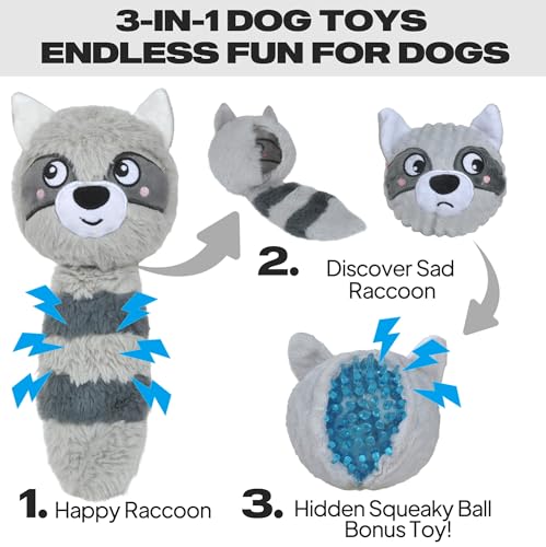 Fida Squeaky Dog Toys for Aggressive Chewers, 3 in 1, Tough Dog Ball | Dog Chew Toys with 3 Layers, to Keep Them Busy, Interactive for Small, Medium and Large Dogs, Gift Box, Raccoon - color: Grey Raccoon