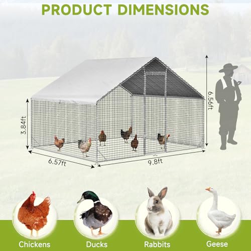 Large Walk-in Chicken Coop with Chicken Run, Galvanized Poultry Enclosure with Waterproof Anti-UV Cover and Security Lock, Ideal for Rabbit, Duck, Backyard and Farm Yard，9.8'x 6.6'x 6.6' - size: 117.6"L x 78.7"W x 78.7"H