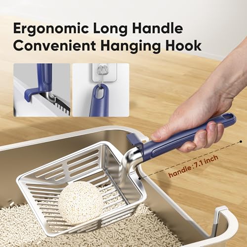 Metal Cat Litter Scoop, Large Cat Scooper with Deep Shovel & Dual Sifting Holes for Fast & Precise Sifting, Space Aluminum Kitty Litter Scooper with Long Handle & Easy-to-Hang Hook - Blue - color: Blue