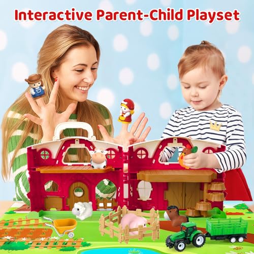 Farm Animal Toys for Toddlers 1-3, Big Barn Montessori Learning Playset | Animal Finger Puppets, Farm Mat and Tractor, Interactive Pretend Play, Christmas Birthday Gifts for 12-18 Months+