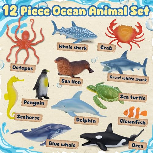 Ocean Sea Life Toy Figures Set for Kids, 12 PCS Realistic Marine Animals with Shark, Dolphin, Sea Turtle, Penguin, Seal, Clownfish, Crab, Ocean Animal Figure Toys for Boys Girls Toddlers - style: 12-PC Sea Animal Figures Set