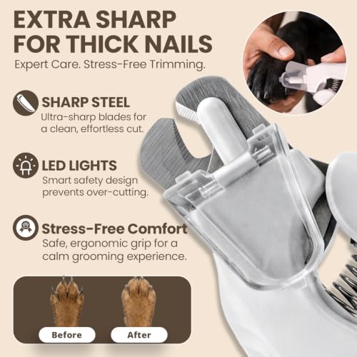 2-in-1 Dog & Cat Nail Clipper and Grinder with Light - USB Rechargeable Pet Nail Trimmer with Safety Guard for Thick Nails, Quiet Professional Grooming Tool - color: white