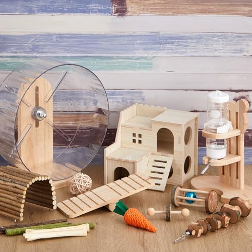 18 Pcs Hamster Cage Accessories Silent Hamster Wheel 15 Toys Set | Maze Wood House and Water Bottle Set for Rat Mice Small Animals Habitat Decor Enrichment Starters(Fun Interactive Style) - style: Fun Interactive Style
