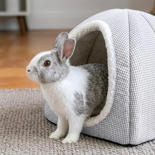 Rabbit Hideout Bed for Large Bunnies, Soft Plush Bunny House | Cozy Small Animal Hideaway with Removable Pad for Indoor Rabbits, Guinea Pigs, and Ferrets, Light Gray - color: Light Gray