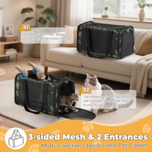 YUDODO 25lbs Cat Carrier Lightproof Soft Sided Pet Carrier for Large Cat | Airline Approved, Lightproof Breathable Design, Side Pockets, Durable Mesh, Foldable and Portable, Black Camouflage - color: Black Camouflage（No Privacy Curtain)