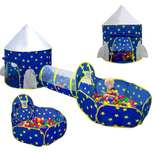 PigPigPen 3pc Kids Play Tent for Boys with Ball Pit, Crawl Tunnel, Princess Tents for Toddlers, Baby Space World Playhouse Toys, Boys Indoor& Outdoor Play House, Perfect Kid’s Gifts - style: 3PC Blue Star Play Tent