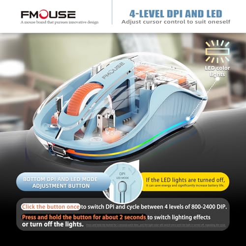 FMOUSE Transparent Wireless Mouse, Tri-Mode Bluetooth & 2.4GHz, Blue | USB-A & USB-C Receiver | Rechargeable | 3 Devices for MacBook Laptop iPad PC | Silent Clicks | Portable | RGB | 4-Level DPI - color: Blue