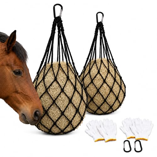 Hay Nets for Horses Slow Feed:Hay Feeder Nets for Horses-40 Inch Length Hay Net with 2 Pairs Gloves-Durable Hay Bags for Horses Goats Sheep Donkey - color: Black-2PCS