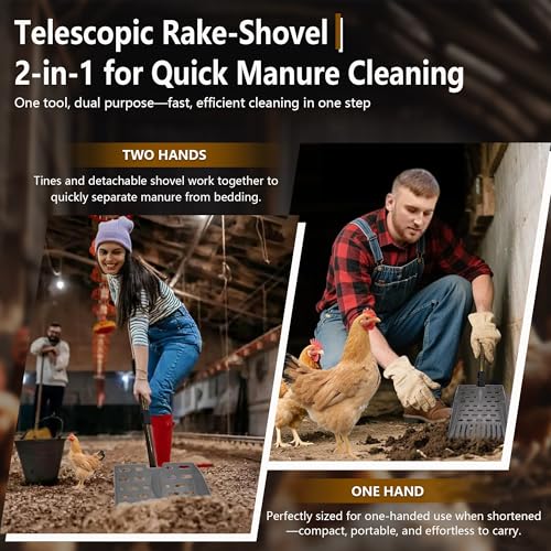 Chicken Dog Poop Scooper & Rake 2-in-1 Telescopic Chicken Litter Scoop for Chicken Coops & Small Farm Animals Sand Sifting Litter Shovel Gray - color: GRAY