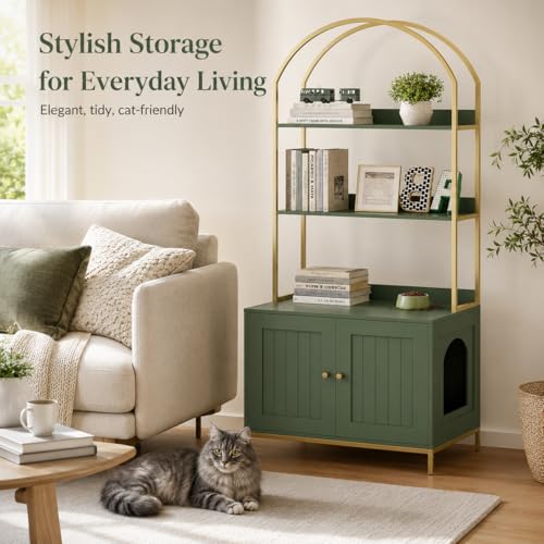 Homhedy Cat Litter Box Enclosure with 2-Tier Shelves, Green and Gold | Litter Box Furniture Hidden, Indoor Cat House, Wooden Cat Washroom Furniture with Metal Frame, Modern Style - color: Green and Gold