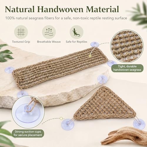 Dansydaisy 4 Pcs Reptile Hammock Bearded Dragon Tank Accessories, Woven Lounger with Strong Suction Cups, 2 Rectangle (29.5" x 7.1") and 2 Triangle (12.6" x 16.5") Climbing Beds for Geckos Iguanas - size: 29.5" X 7.1"，12.6" X 16.5"