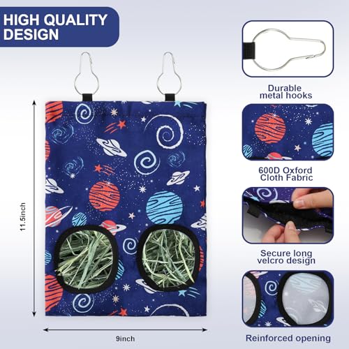 JarThenaAMCS 2 Pcs Rabbit Hay Feeder Bag with 2 Holes Guinea Pig Hanging Hay Feeding Bag Blue Galaxy Storage Dispenser for Chinchilla Hamster Bunny Small Animal Pet, 11.5 x 9 Inch
