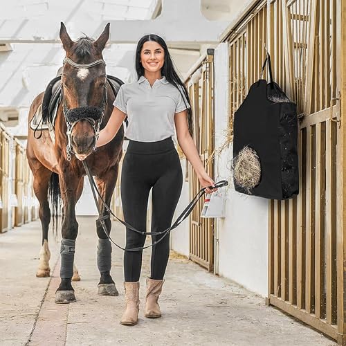 Hay Bag Hanging Goat Feeder Tote with Adjustable Strap | Premium Oxford Cloth with metal ring,Breathable mesh sides,for Horses Donkeys Cows Alpacas Ostriches & Other Animals,Black - color: black-1