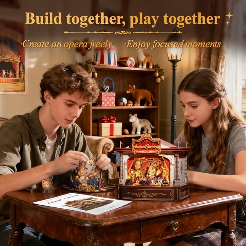 CUTEBEE 3D Wooden Puzzles Music Box - DIY Theater Model Kit with LED Light, 413 Pcs Rotating Miniature House Kit for Adults, Home Bookshelf Decor, Birthday Valentines Day Gifts (Animal Carnival)
