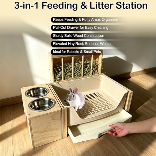 3-in-1 Large Rabbit Hay Feeder with Drawer Litter Box, Sturdy Solid Wood Bunny Feeding Station with Hay Rack for Rabbits, Guinea Pigs, Chinchillas, Ferrets and Small Animals