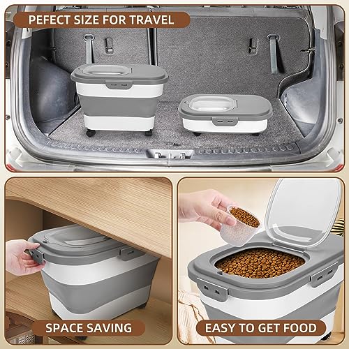 Dog Food Storage Container 17 lb, Airtight Pet Food Storage Containers with Wheels & Removable Sealed Lid, Collapsible Cat Food Containers Dry Food with Scoop and Measuring Cups - color: Gray & White