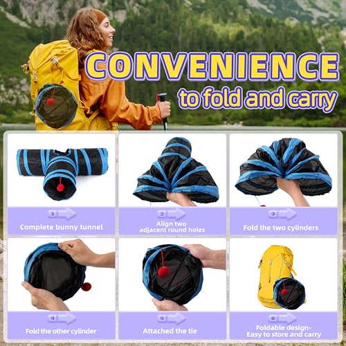 Bunny Tunnels & Tubes Collapsible 3 Way Rabbit Hideout with 13pcs Toys for Bunny Guinea Pig Hamster Chinchilla Hedgehog Rat Ferret Kitten (BK&BU) - color: BK&BU