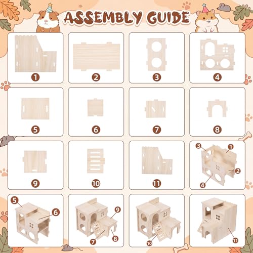 Leitee 6pcs Hamster Cage Accessories, Hamster Sand Bath Box, Wood House, Tunnel Hideout Place, Climbing Branches Decor, Silent Running Exercise Wheel, Interactive Enrichment Toys for Rabbit Gerbils