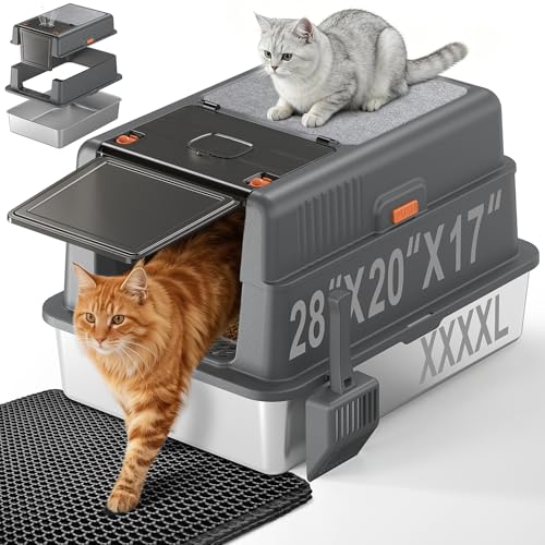 XXXXL Stainless Steel Litter Box with Lid,28.0" L × 20" W × 17" H Extra Large High Sided Cat Litter Box for Multi -Cats,Enclosed Metal Litter Box with Cat Scratcher and Scoop,Dark Gray