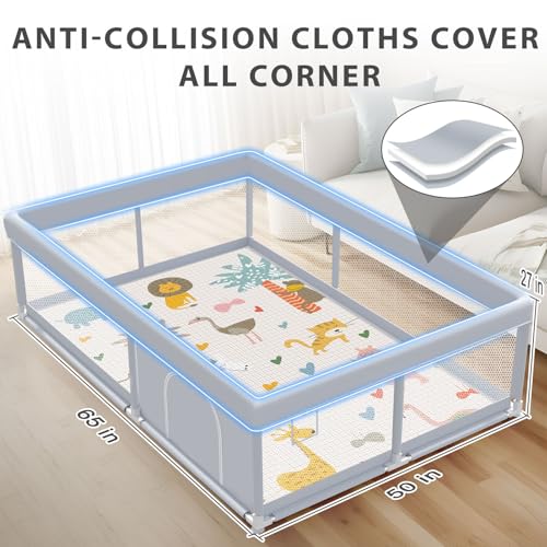 XVISHX Baby Playpen with Mat, 65 x 50 Inch Play Pen Playards, Playpen for Babies and Toddlers, Baby Playard for Indoor & Outdoor Active Center Game Fence, Skin-Friendly Fabric and Soft Breathable Mesh - color: Grey, size: 65 × 50 Inch + Mat
