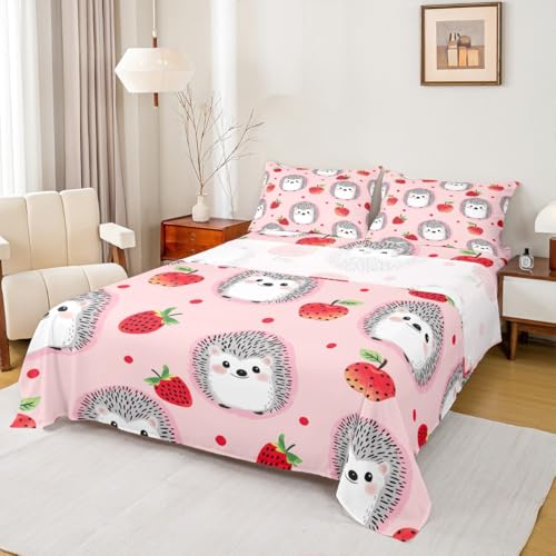 Erosebridal Kids Hedgehog Bed Sheets Strawberry Sheet Set Full Size Kawaii Cute Hedgehog Animal Bedding Set for Little Boys Girls Teens Fruit Fitted Sheet with Cartoon Flat Sheet Deep Pocket, Pink - color: Multi 14, size: Full