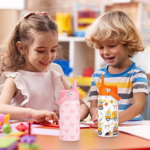 Bow Kids Water Bottle With Straw Lid 12oz Insulated Stainless Steel, Travel Tumbler, Pink Bow Gifts For Girls, Birthday, Christmas, Back To School - color: Bow 1