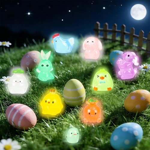 56 Pcs Easter Luminous Mini Resin Figurines 56 Style Glow in The Dark Little Small Resin Miniatures to Hide Bulk Bunny Chick Figures for Easter Party Favors Egg Fillers Micro Garden Landscape Decor - style: 56Pcs-Luminous Easter