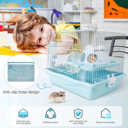 PINVNBY Dwarf Hamster Cage, Small Animal Cages, 2-Tier Travel Portable Mouse Cage Hamster Carrier with Castle House Running Exercise Wheels, Water Bottle and Food Dish（Blue） - color: Blue, size: L: 13.78x10.23x11.02in