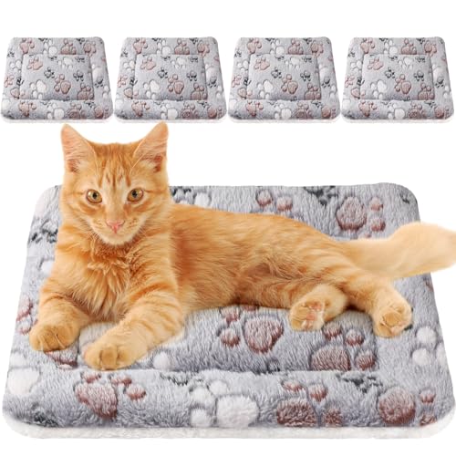 4 Pack Ultra Soft Dog Cat Bed Mat Small Animal Guinea Pig Bed with Cute Print Reversible Fleece Dog Crate Kennel Pad Cozy Washable Thickened Hamster Pet Beds Mat(21 x14 Inches,Light Gray) - color: Light Gray, size: 21 x 14 Inches