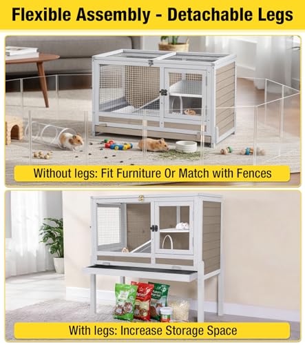 Aivituvin Guinea Pig Cages, Rabbit Hutch with Anti-Chew Frame, Bunny Cage with Cleaning Sliding Tray, 3 Openable Areas, Assemblable Legs, Ramp & Hideout Included - Brown - color: White Brown
