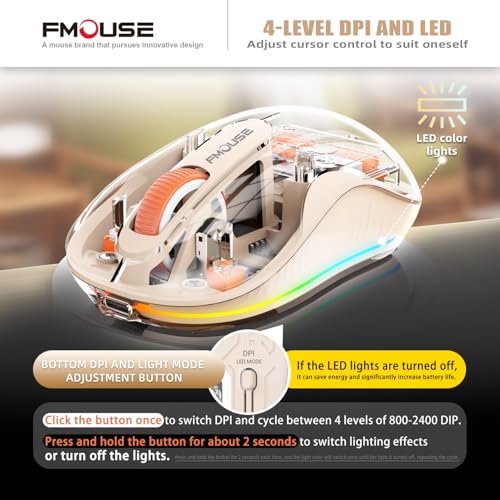 FMOUSE Transparent Wireless Mouse, Tri-Mode Bluetooth & 2.4GHz, Cream | USB-A & USB-C Receiver | Rechargeable | 3 Devices for MacBook Laptop iPad PC | Silent Clicks | Portable | RGB | 4-Level DPI - color: Cream