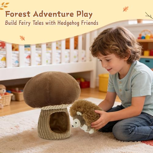 MaoGoLan 2pcs Hedgehog Stuffed Animal - 12" Mushroom Plush House with Stuffed Hedgehog, Soft Cute Hedgehog Plushie Toy for Kids Girls Boys Gift - color: Brown Hedgehog