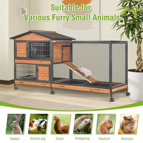 Gutinneen 2-Story Rabbit Hutch Indoor Bunny Cage Large Rabbit Cage Outdoor with Chew-Proof Full Metal Frame, Locking Wheels, 2 Pull-Out Trays for Rabbits, Guinea Pigs, Small Animals (Brown & Black)